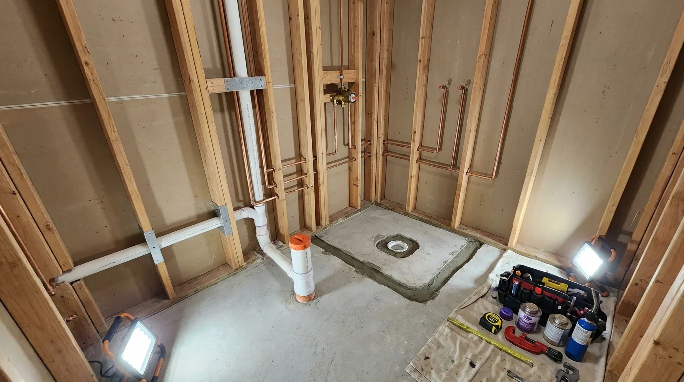 Bathroom rough-in plumbing during remodel by Johns Plumbing LLC in Sandwich