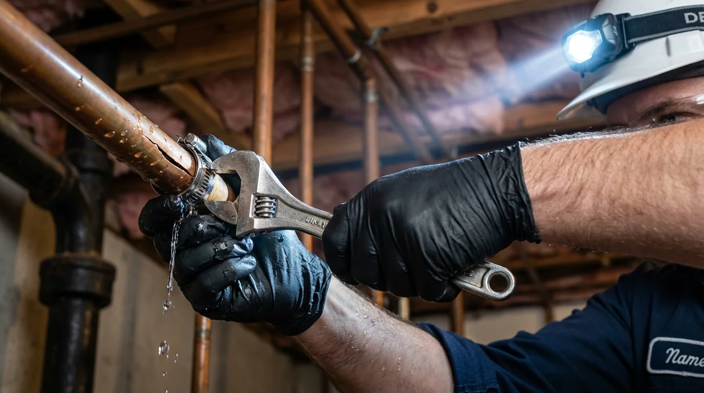 Emergency pipe clamp repair being performed by a Johns Plumbing LLC plumber in Sandwich