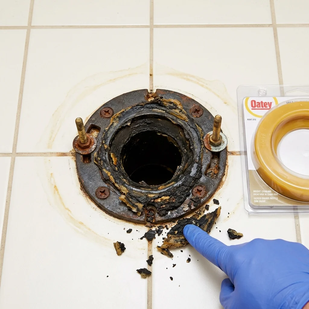 Failed wax ring showing water seepage at the base of a toilet in a Sandwich, IL home