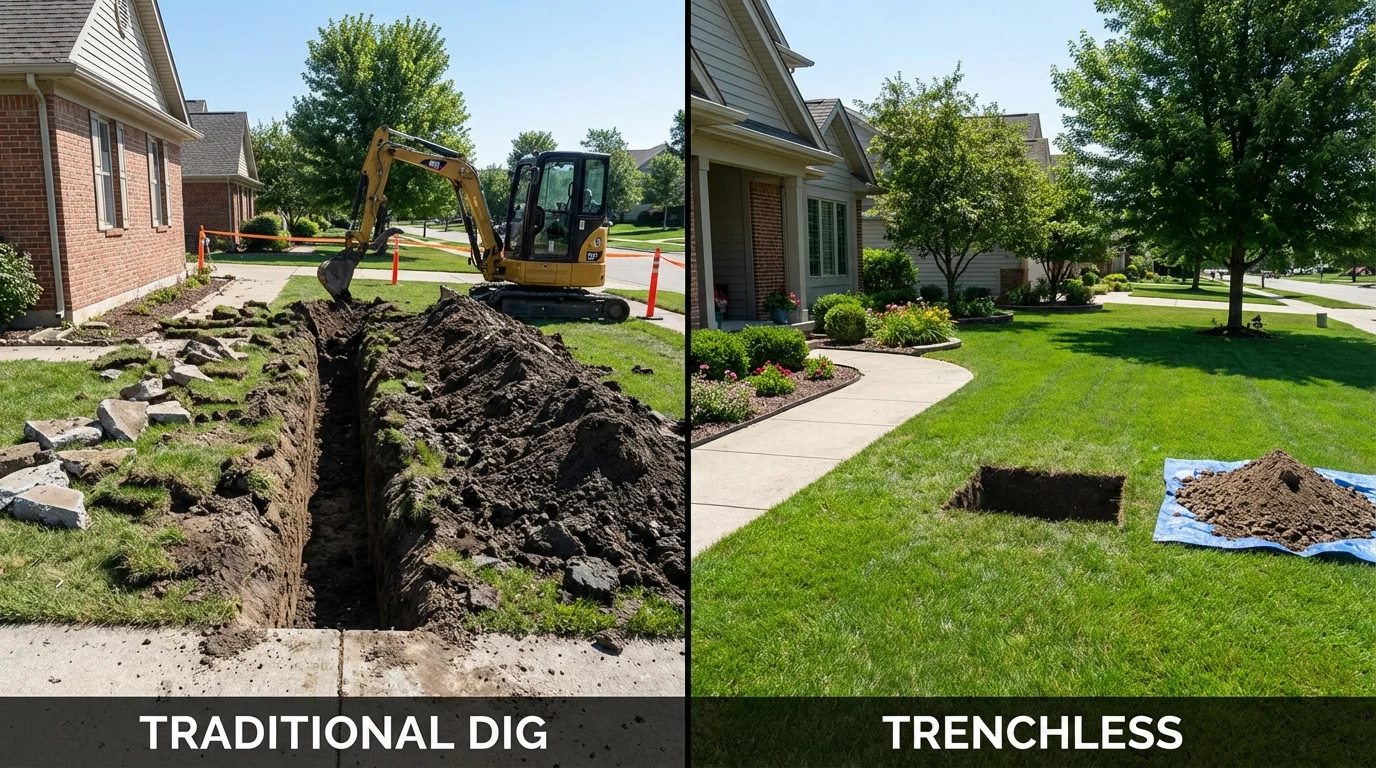 Trenchless sewer repair with minimal yard damage versus traditional excavation in Sandwich, IL