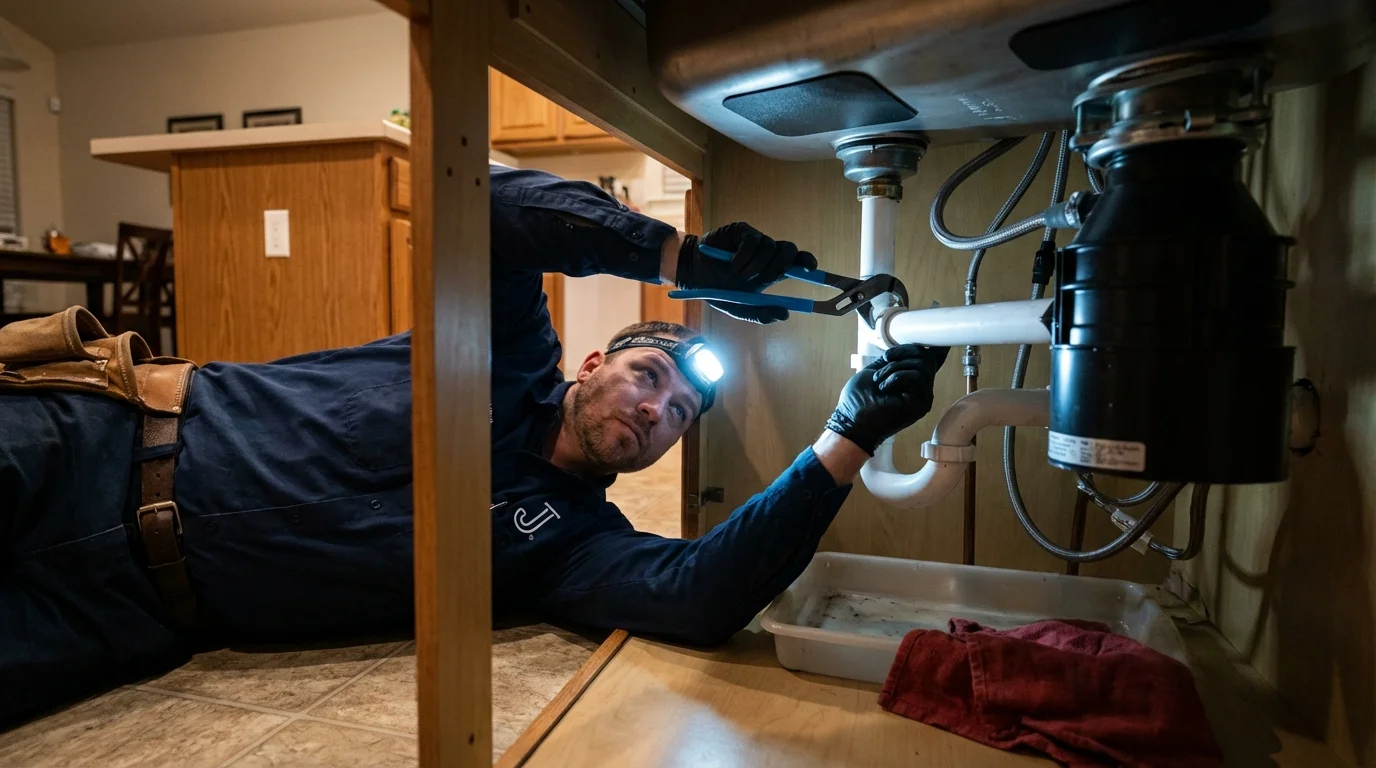 P-trap and supply line connections under a kitchen sink showing a common leak point in Sandwich, IL